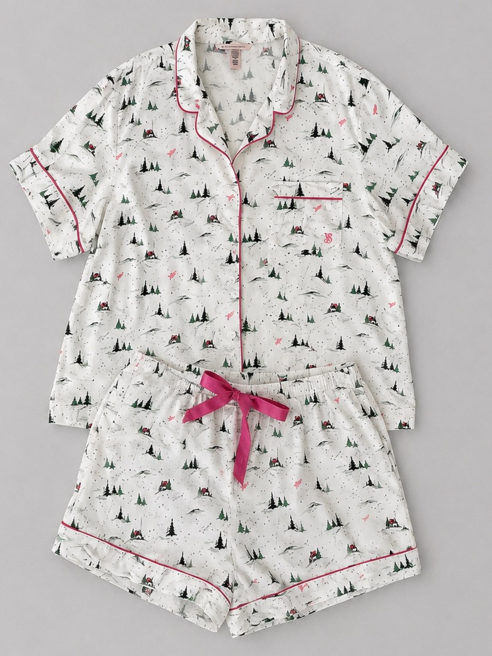 Victoria’s Secret XL Cotton Modal Pajama Set Winter Trees Shorts Pink Green